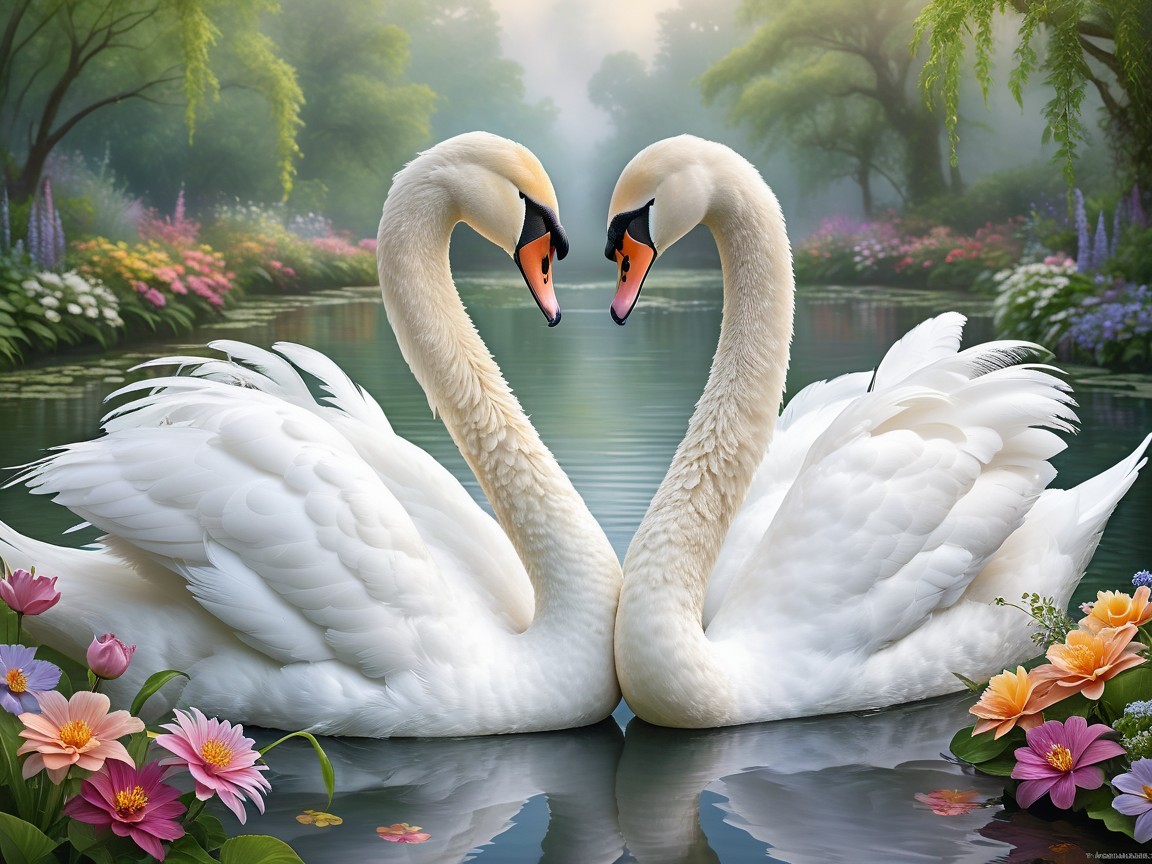 Elegant swans forming a heart on a serene pond