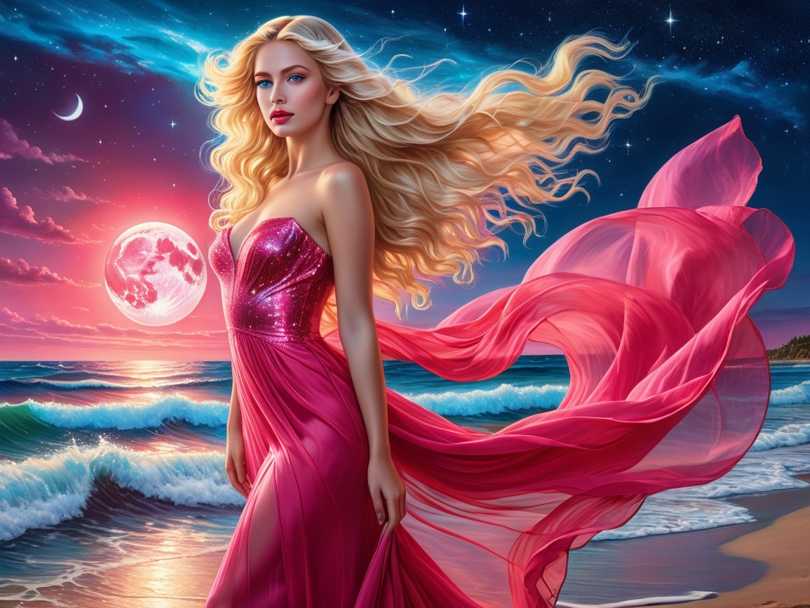 Blonde Woman in Pink Gown by Twilight Ocean Scene