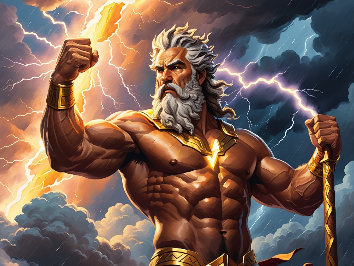 Defiant Figure in Golden Armor Commanding Lightning