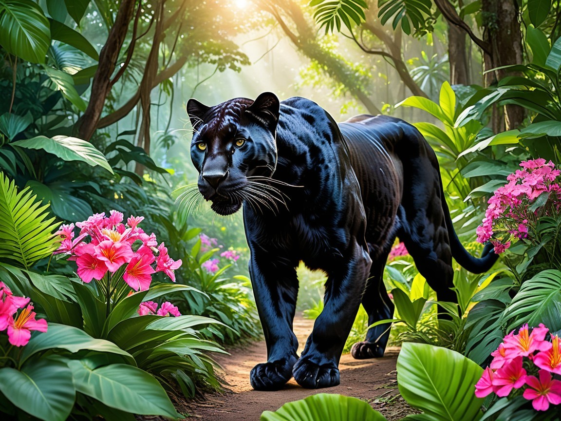 Black Panther in Lush Jungle with Colorful Flora