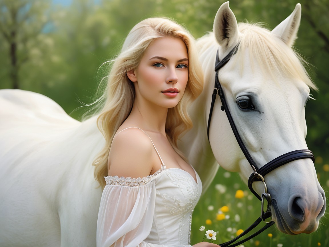 Young Woman in White Dress Beside White Horse