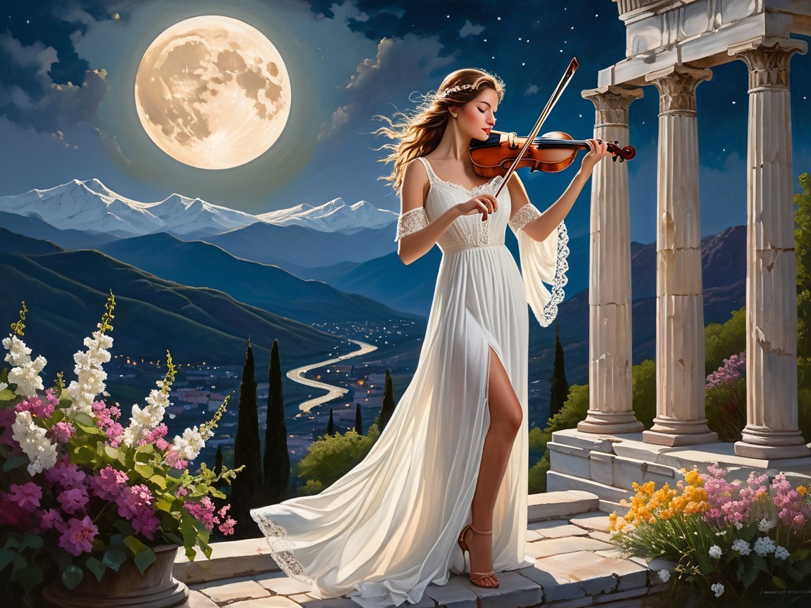 Serene Night Scene of a Woman Playing Violin