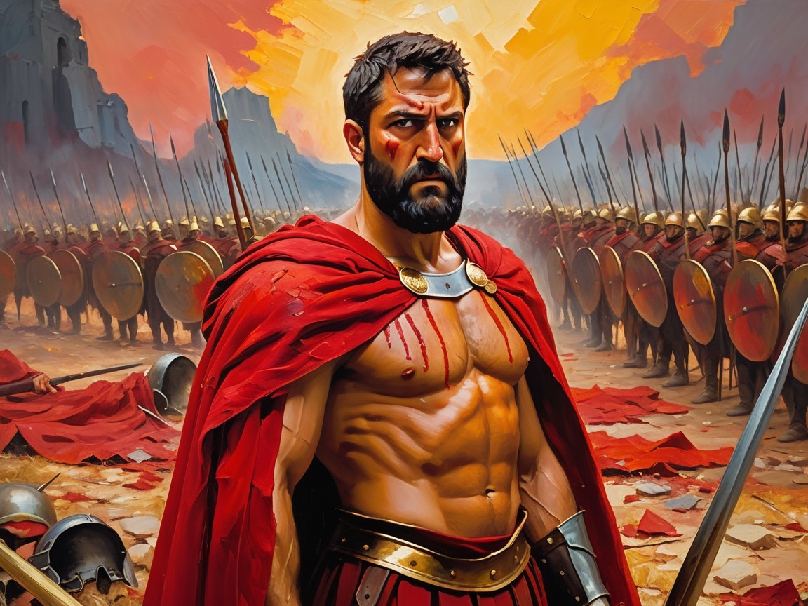 Muscular Warrior in Fiery Landscape with Soldiers