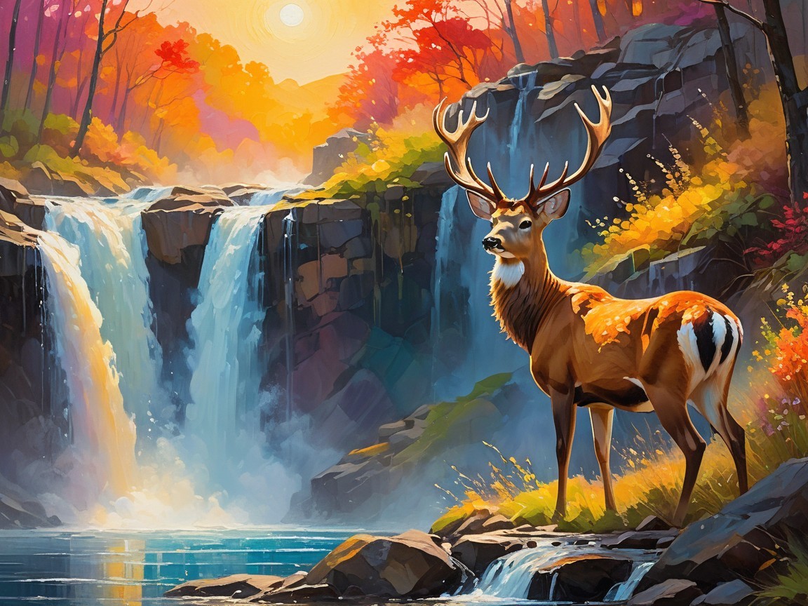 Majestic stag by shimmering waterfall in autumn landscape