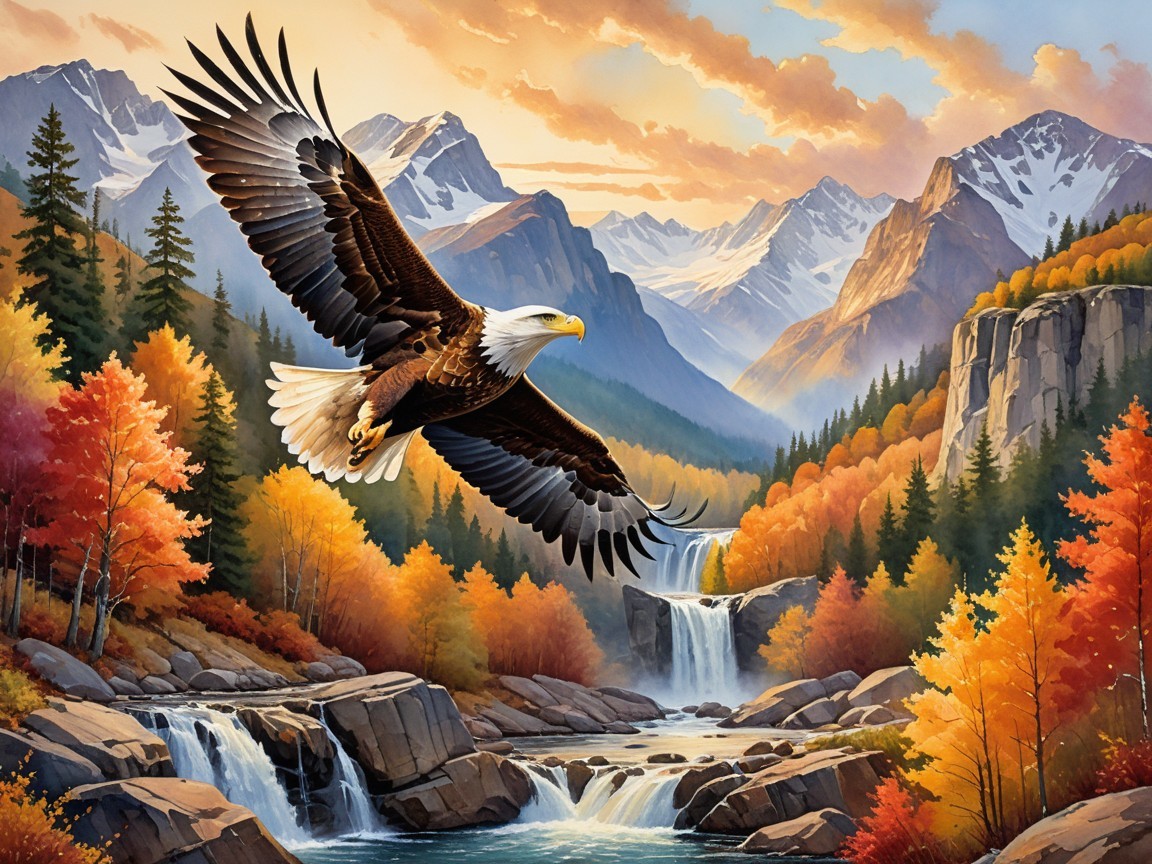 Bald Eagle Over Autumn Landscape with River and Mountains