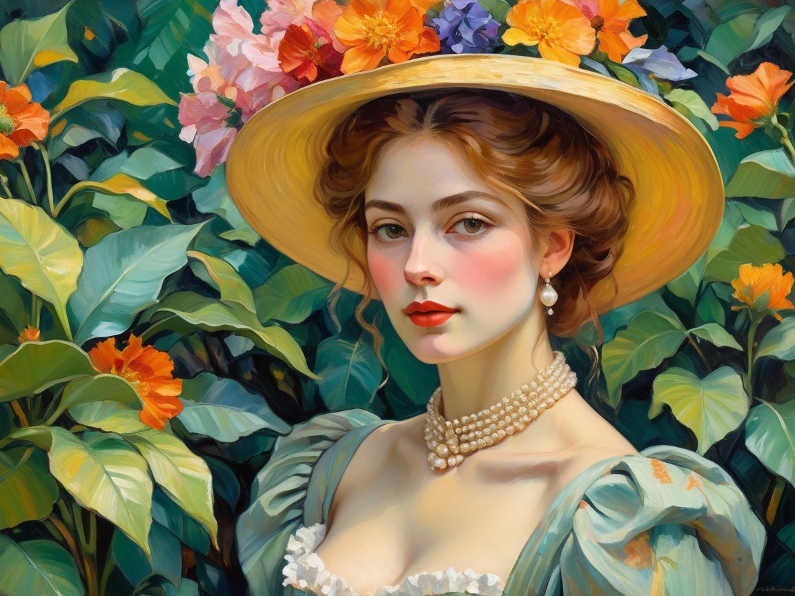 Young Woman in Floral Hat Surrounded by Nature