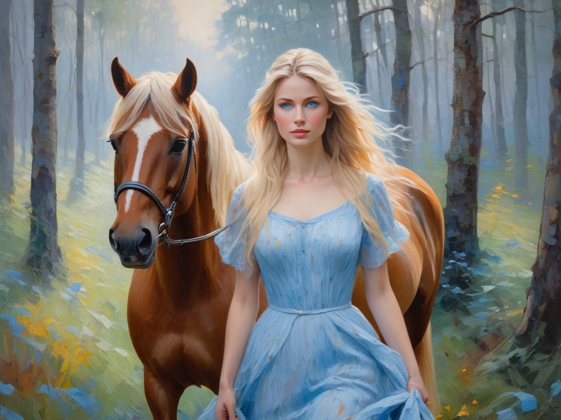 Forest Scene with Woman and Chestnut Horse