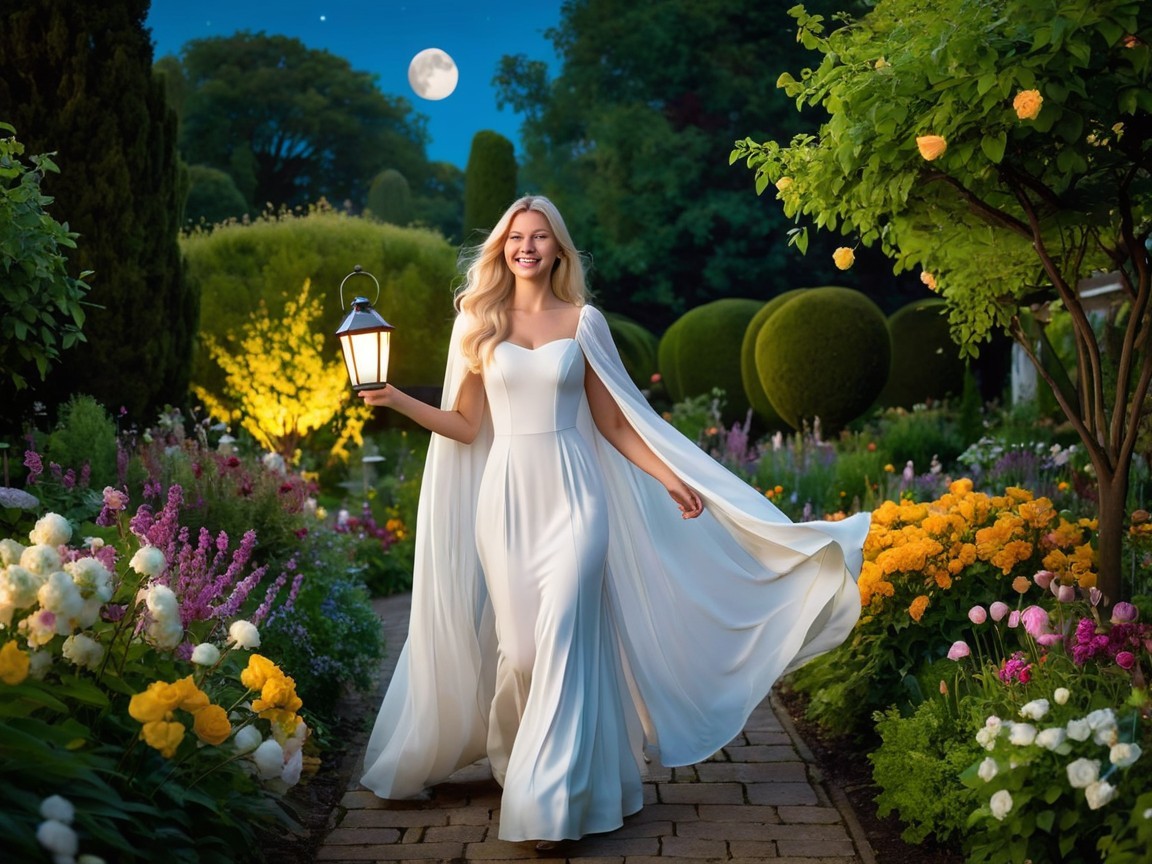 Young woman in white gown in twilight garden scene