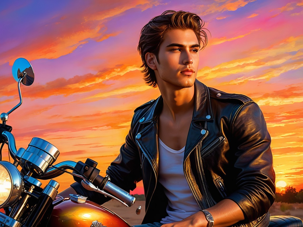 Young man on motorcycle at sunset with vibrant sky