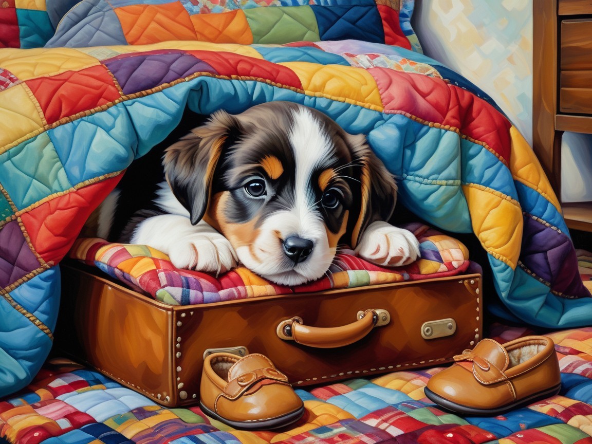 Puppy in Suitcase Under Colorful Quilt Scene