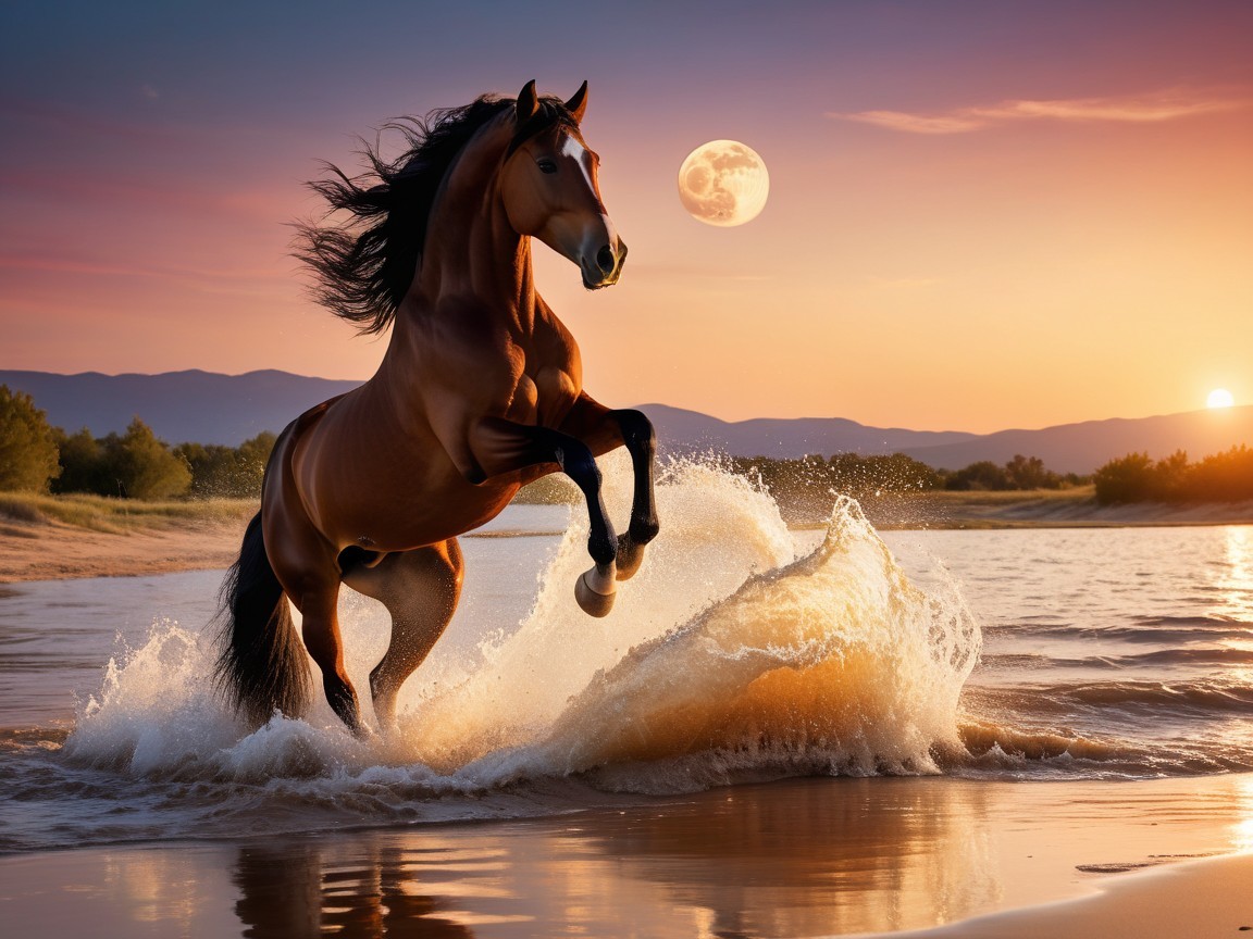 Majestic horse rears in sunset waters with moonrise
