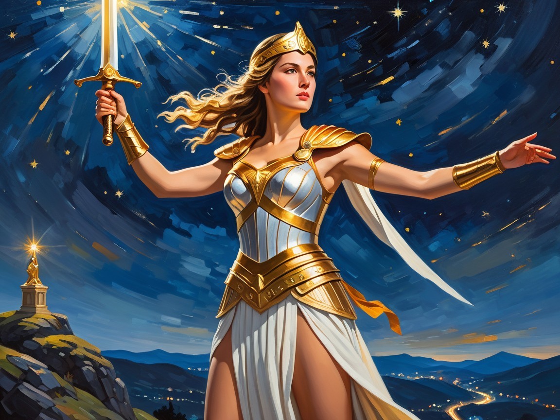 Female Warrior in Armor with Glowing Sword at Night