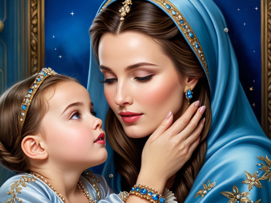 Tender Moment Between Woman and Young Girl in Elegant Attire