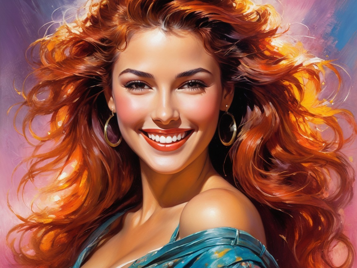 Young woman with red hair in colorful setting