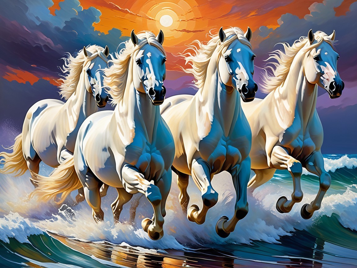 Majestic White Horses Galloping Through Ocean Waves