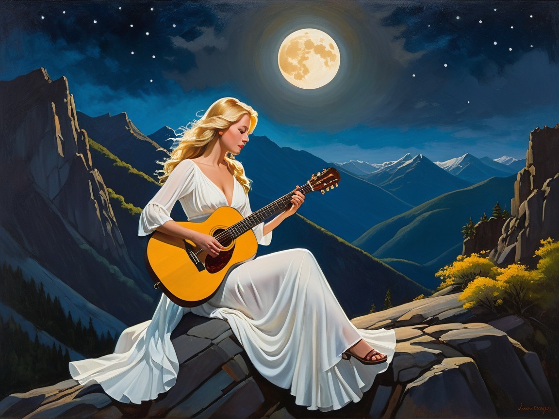 Serene Woman Playing Guitar Under Moonlit Sky