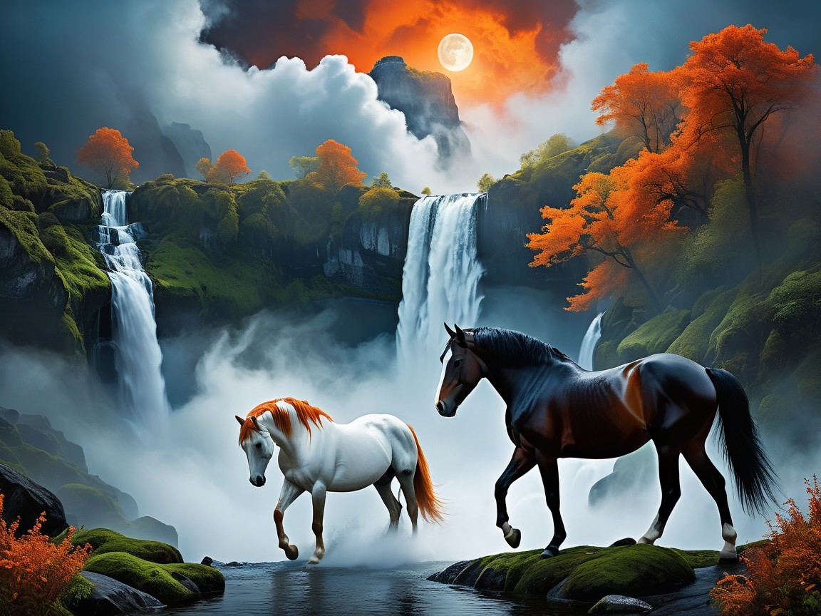 Horses by River in Mystical Autumn Landscape