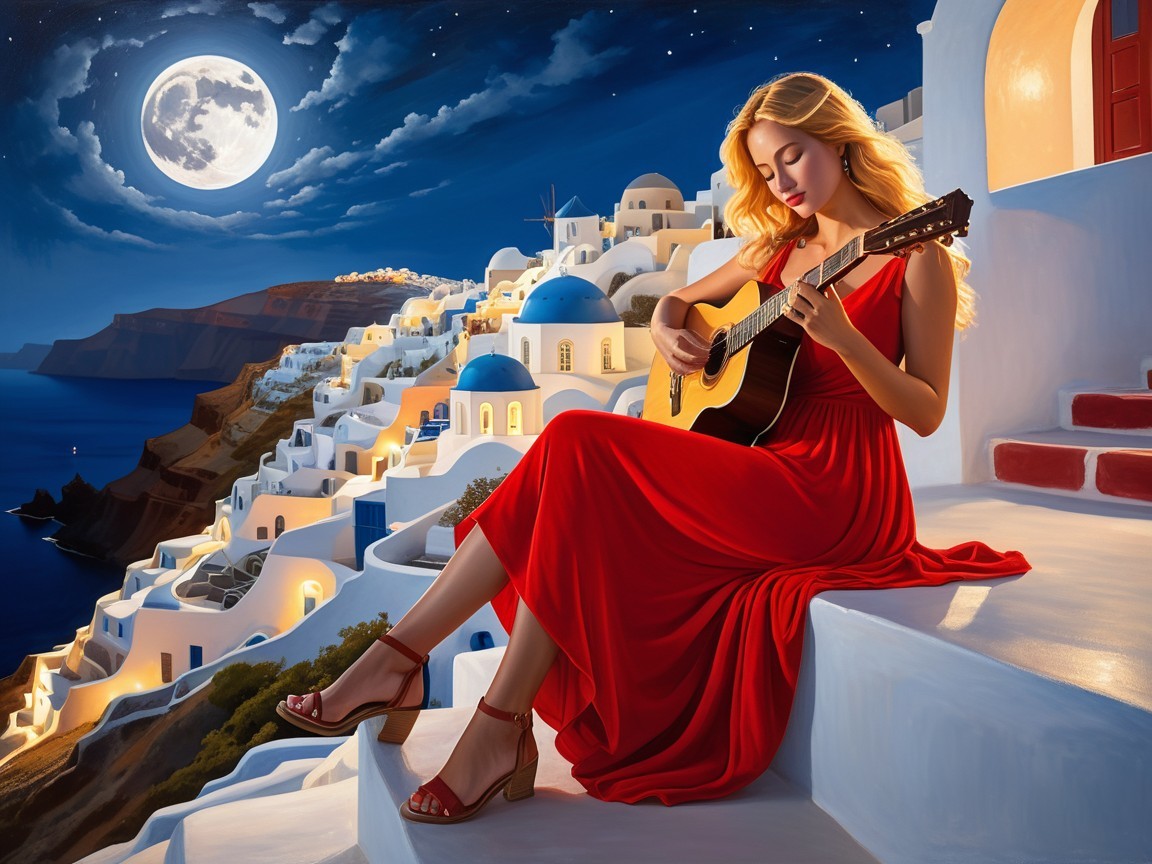 Moonlit Scene in Santorini with Guitar Music