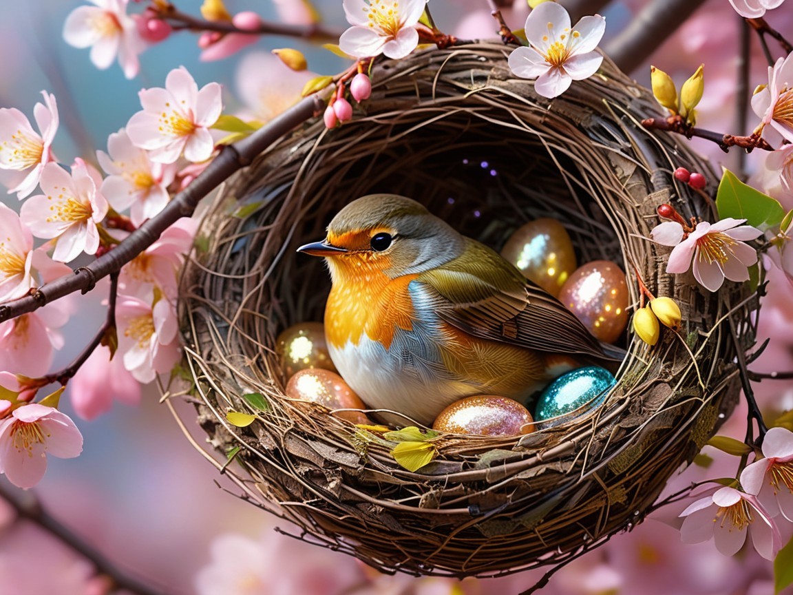 Bird in Nest Among Cherry Blossoms and Pastel Eggs