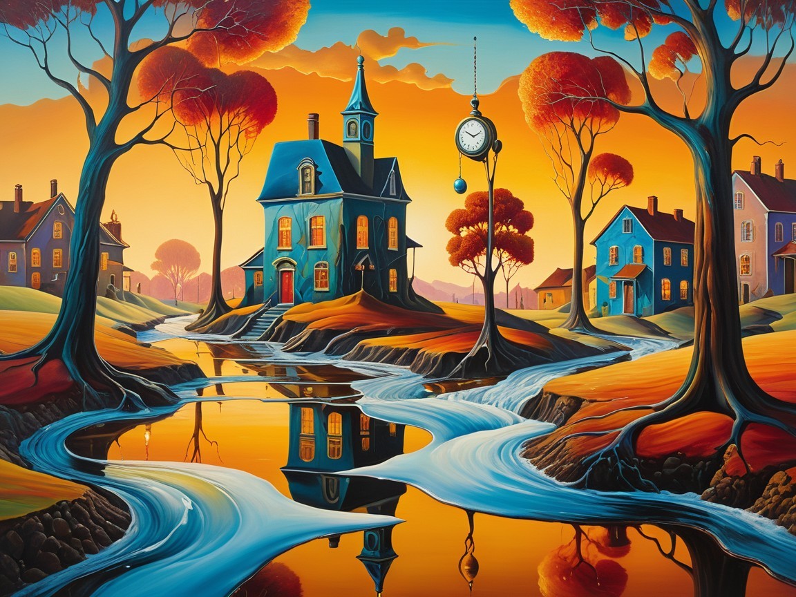 Surreal Landscape with Blue House and Colorful Trees