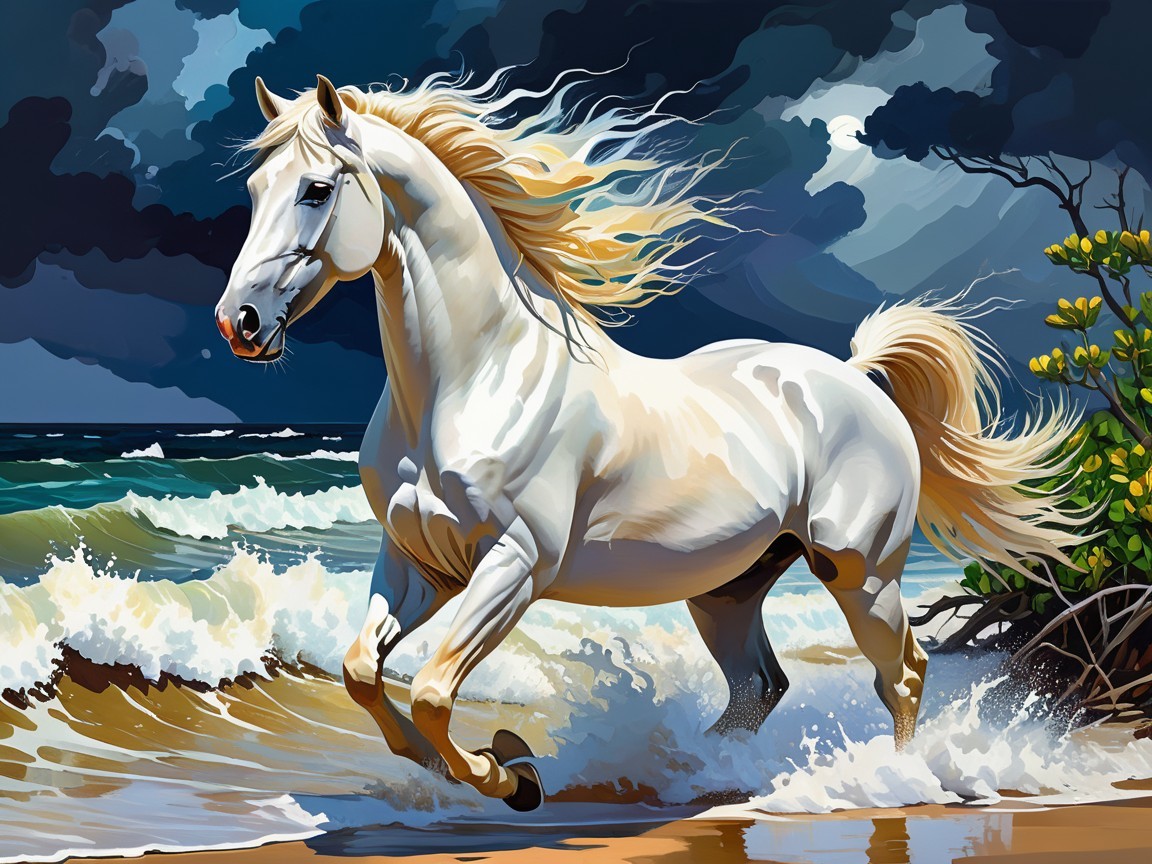 Majestic White Horse Galloping on Vibrant Beach Waves