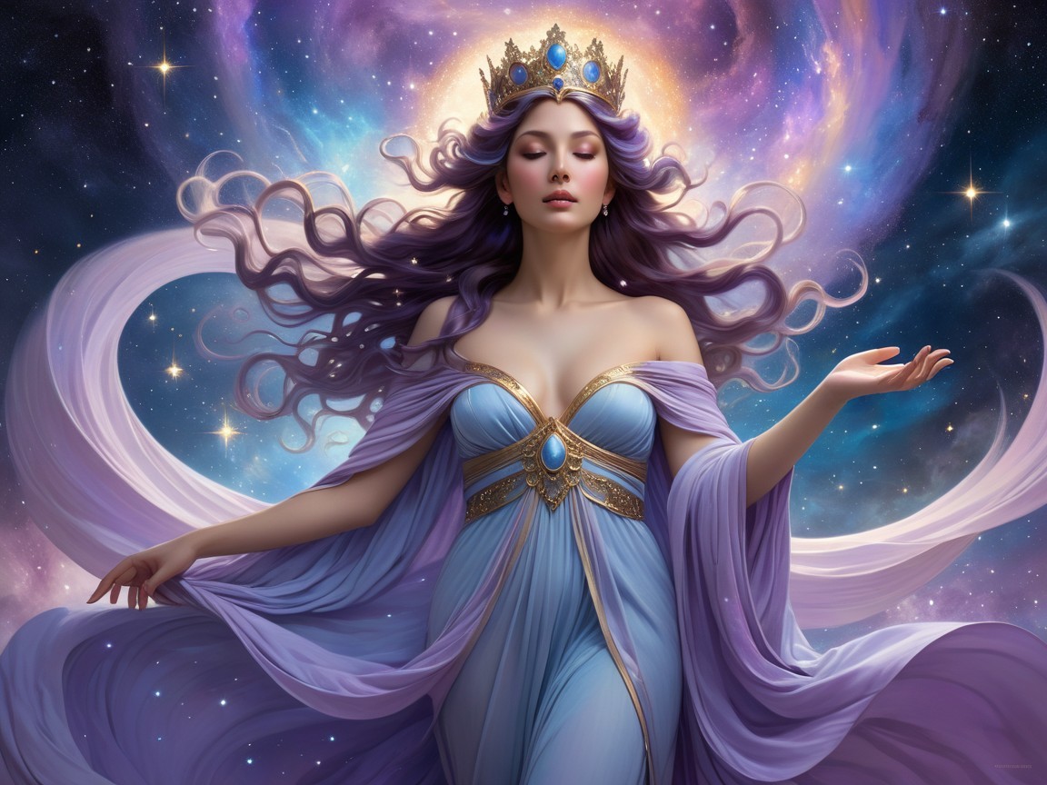 Majestic figure in lavender gown against cosmic backdrop