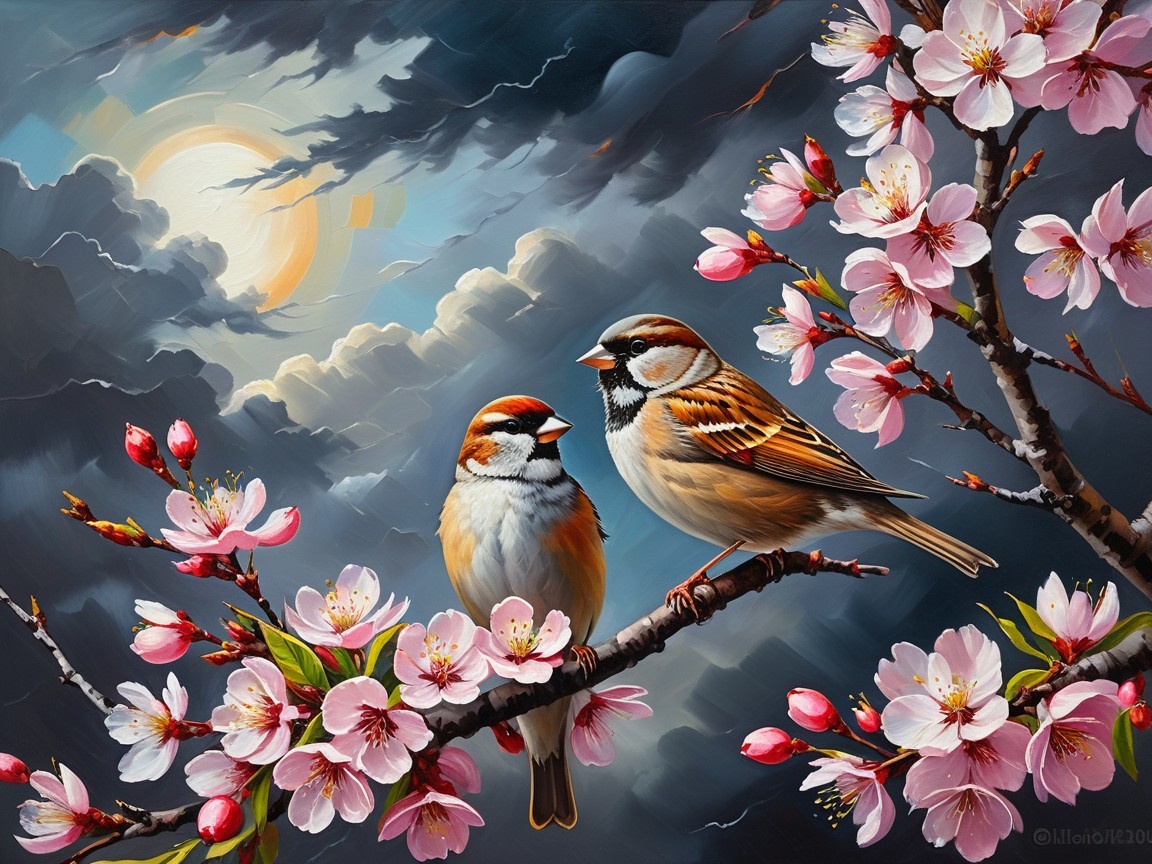 Sparrows on Cherry Blossom Branch Against Dramatic Sky