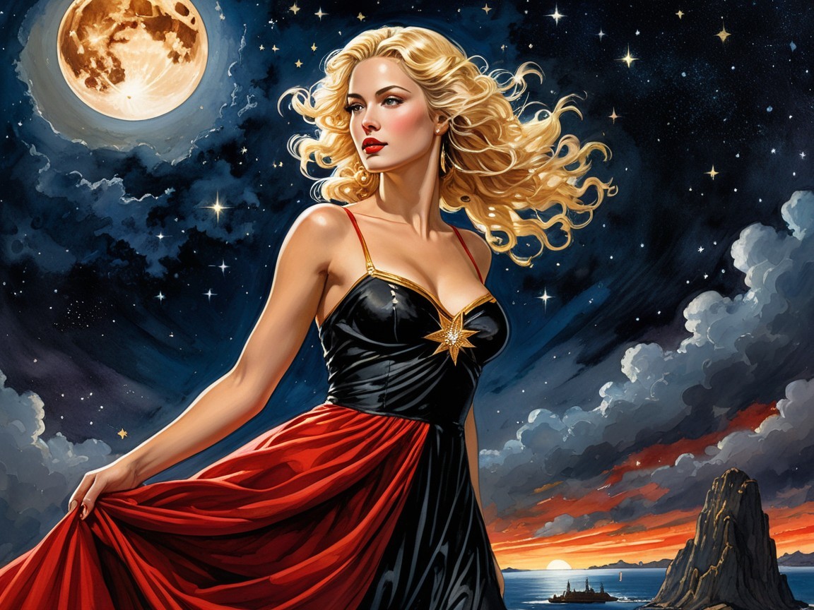 Elegant figure in gown under a moonlit sky