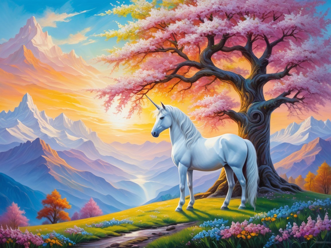 Majestic white unicorn beneath a pink blossoming tree