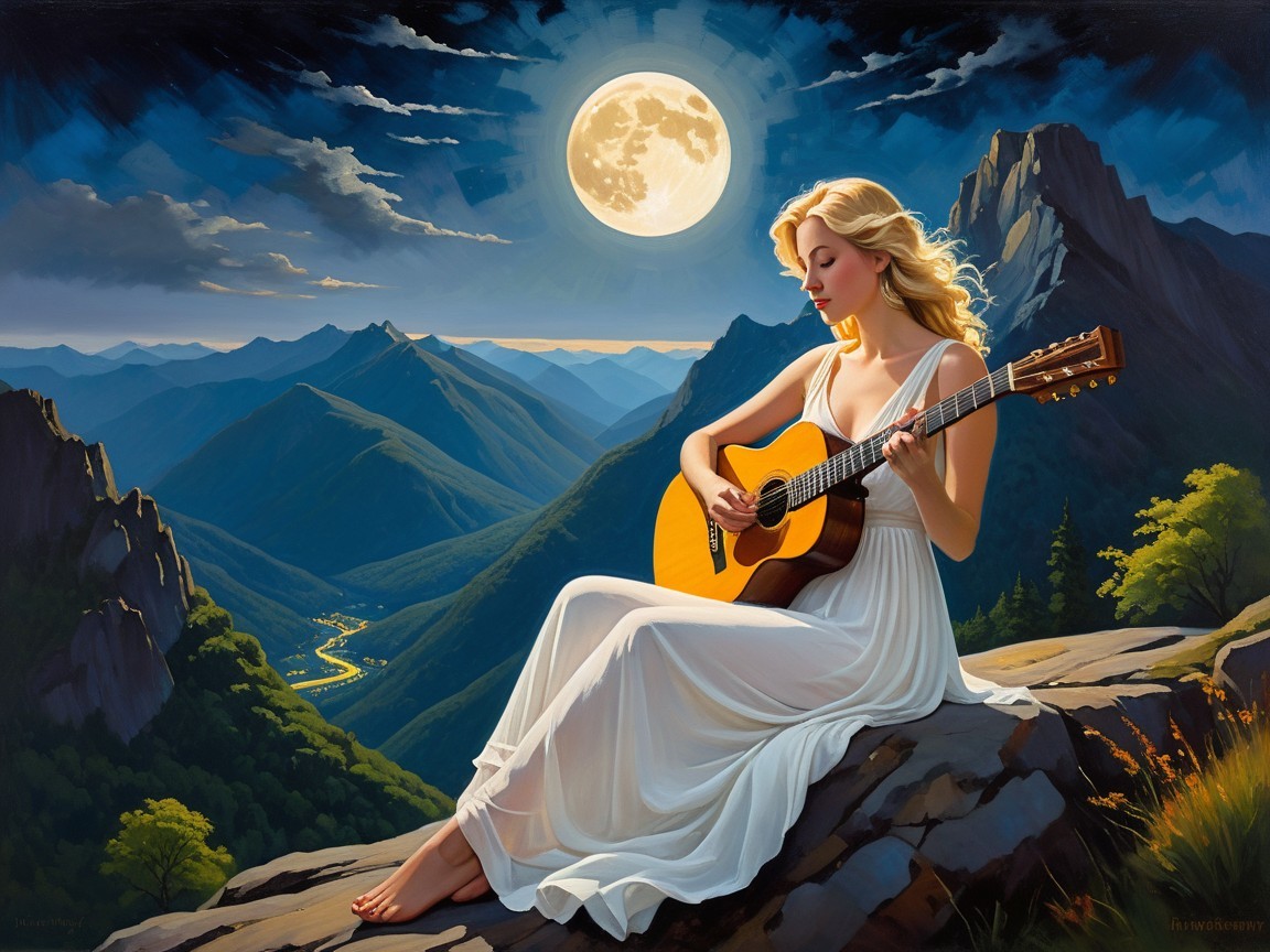Young Woman in White Dress Playing Guitar in Mountains