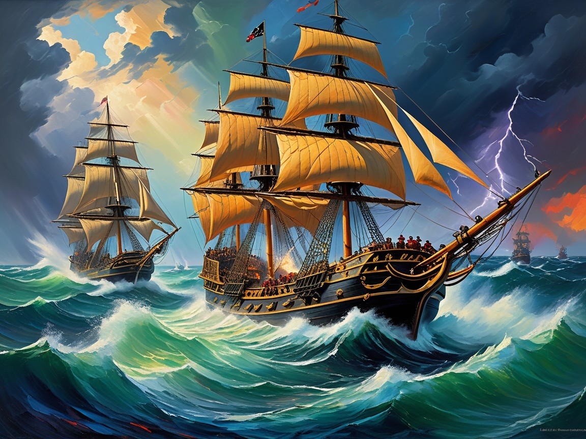 Sailing Ships in Stormy Seas with Dramatic Skies