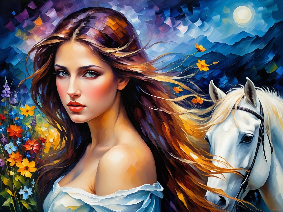 Young Woman with Horse in Floral Landscape Painting