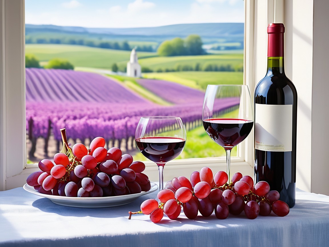 Vineyard Landscape with Wine and Grapes Under Blue Sky