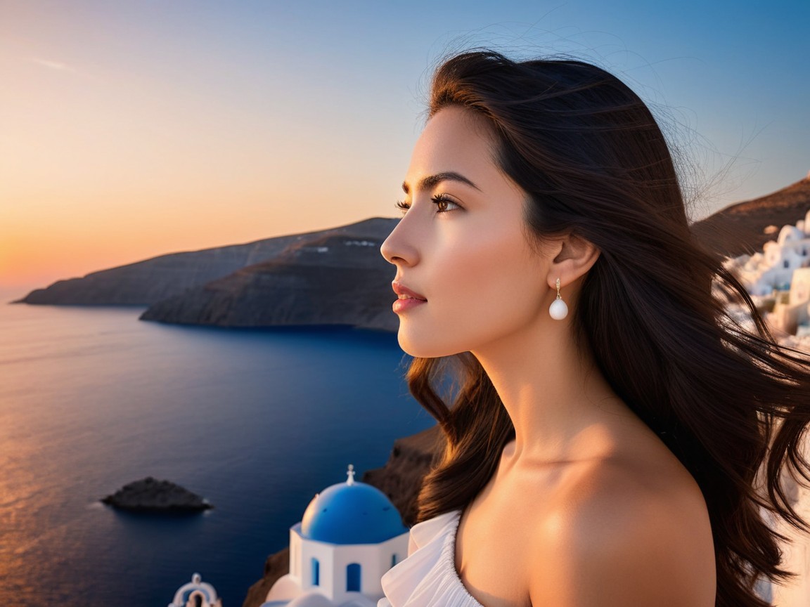 Young Woman at Sunset by Ocean and Cliffs