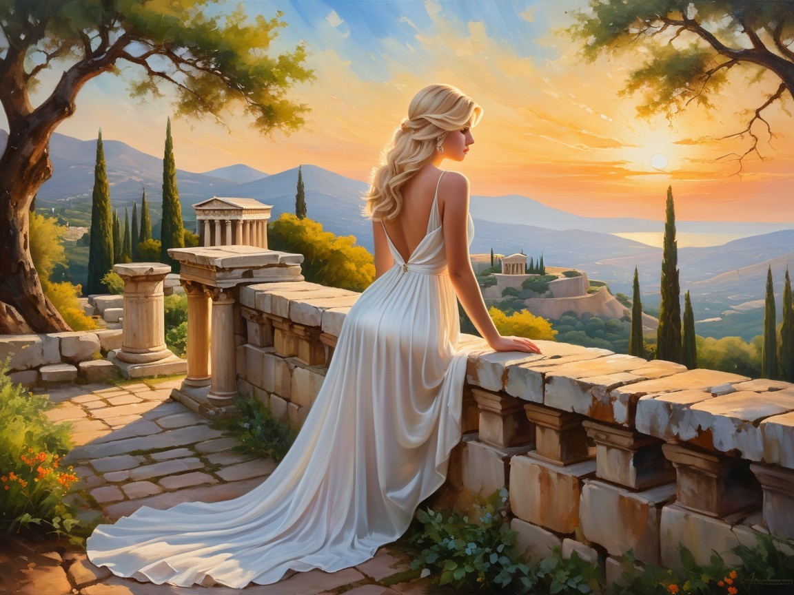 Woman in White Dress at Sunset Over Scenic Landscape