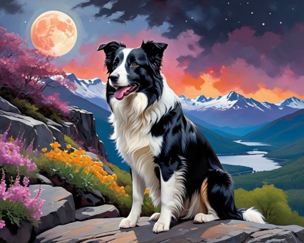Black and white border collie on rocky outcrop landscape