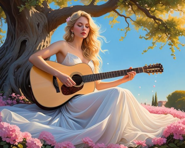 Woman in white gown playing guitar under a tree
