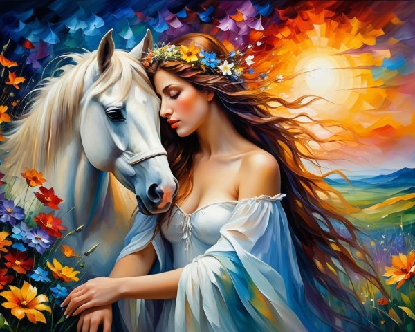 Woman with flowers and horse at sunset scene