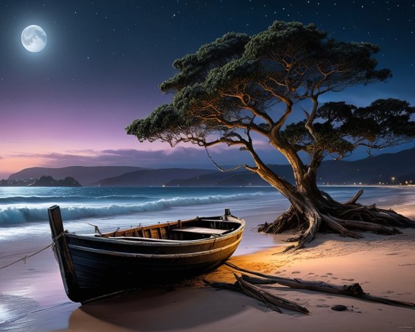 Serene Beach Scene with Moonlit Boat and Twilight Sky