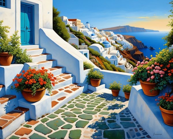 Sunlit Coastal Village with Whitewashed Buildings