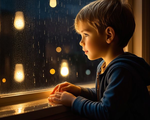 Young boy gazes at rain-soaked window with wonder