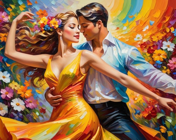 Vibrant Dance Scene with Colorful Flowers and Romance