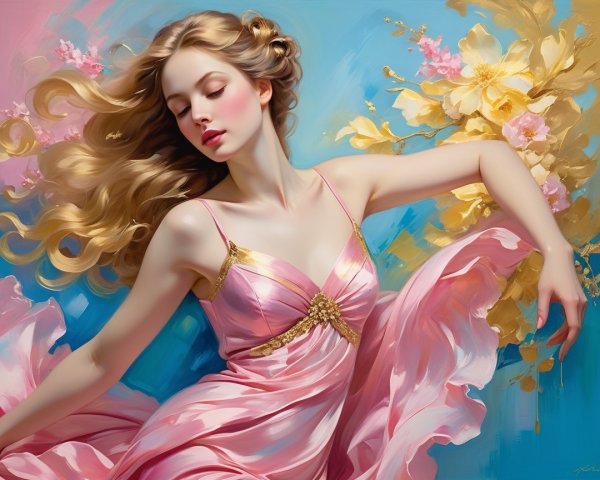 Delicate Woman in Pink Gown Against Blue Background
