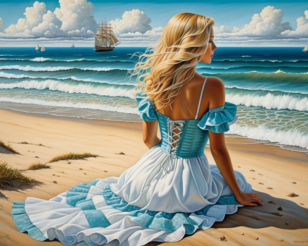 Serene beach scene with woman in flowing dress