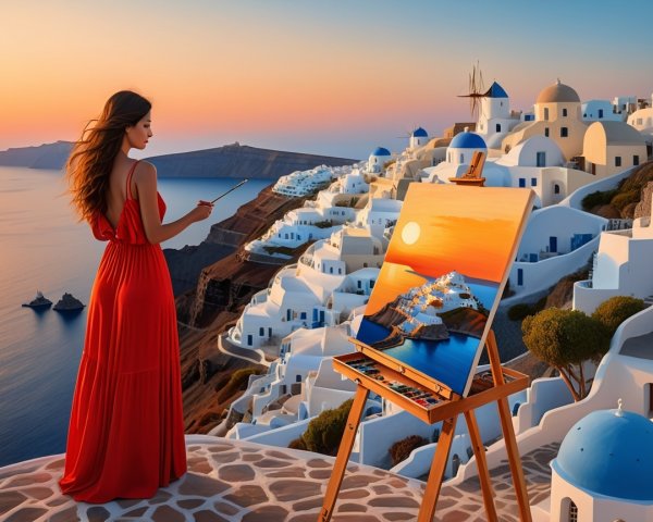 Woman in Red Dress Painting Santorini Sunset Scene