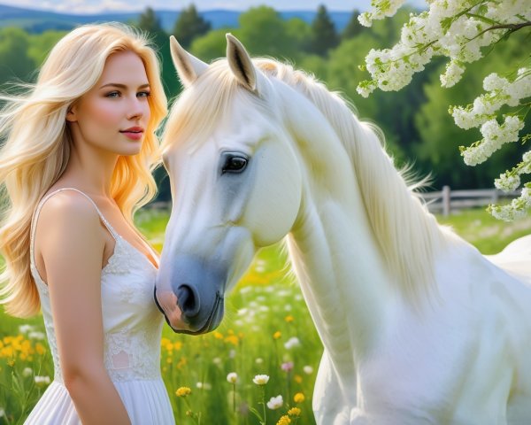 Serene Meadow Scene with Woman and White Horse