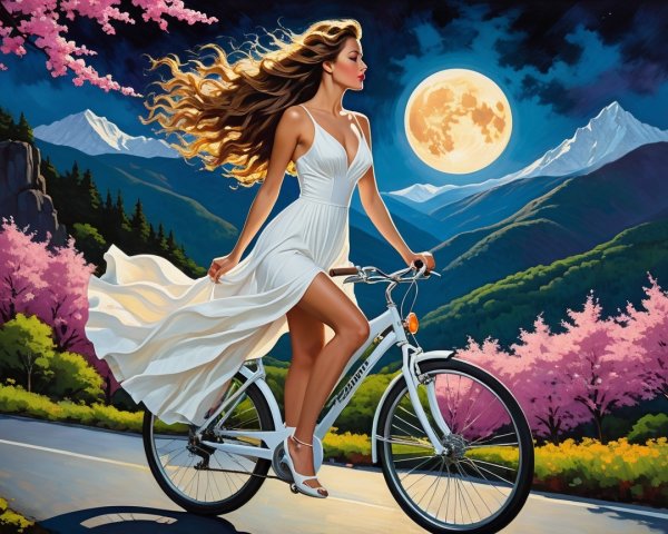 Woman in White Dress Biking Through Cherry Blossoms