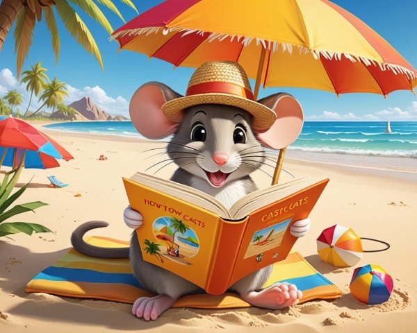 Cartoon Mouse Relaxing on Beach with Book and Umbrella