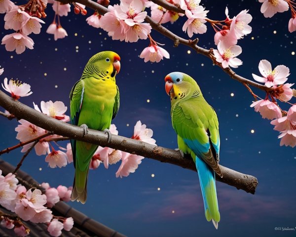Budgerigar Parrots Among Cherry Blossoms at Night