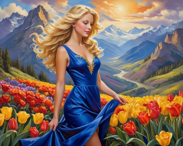 Young Woman in Blue Dress Among Vibrant Tulips